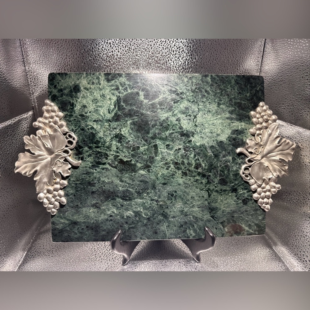 Vintage Seagull Green Heavy Marble Slab Artsy Cheese Tray Pewter Leaves Handles